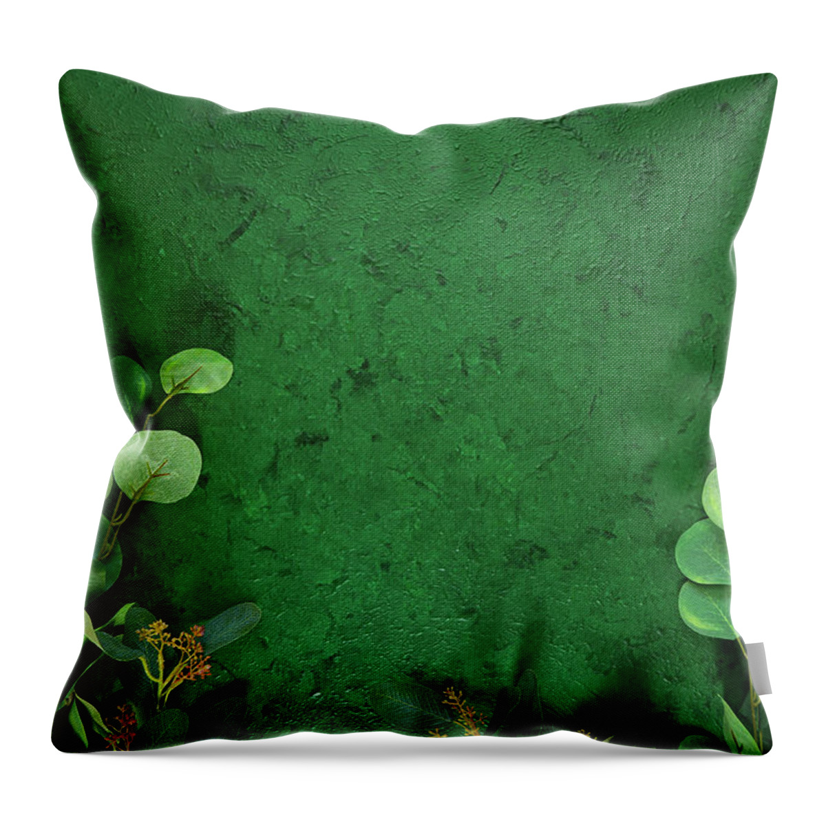 Dark Green Throw Pillow featuring the photograph Dark green aesthetic nature theme creative layout flat lay background. #1 by Milleflore Images