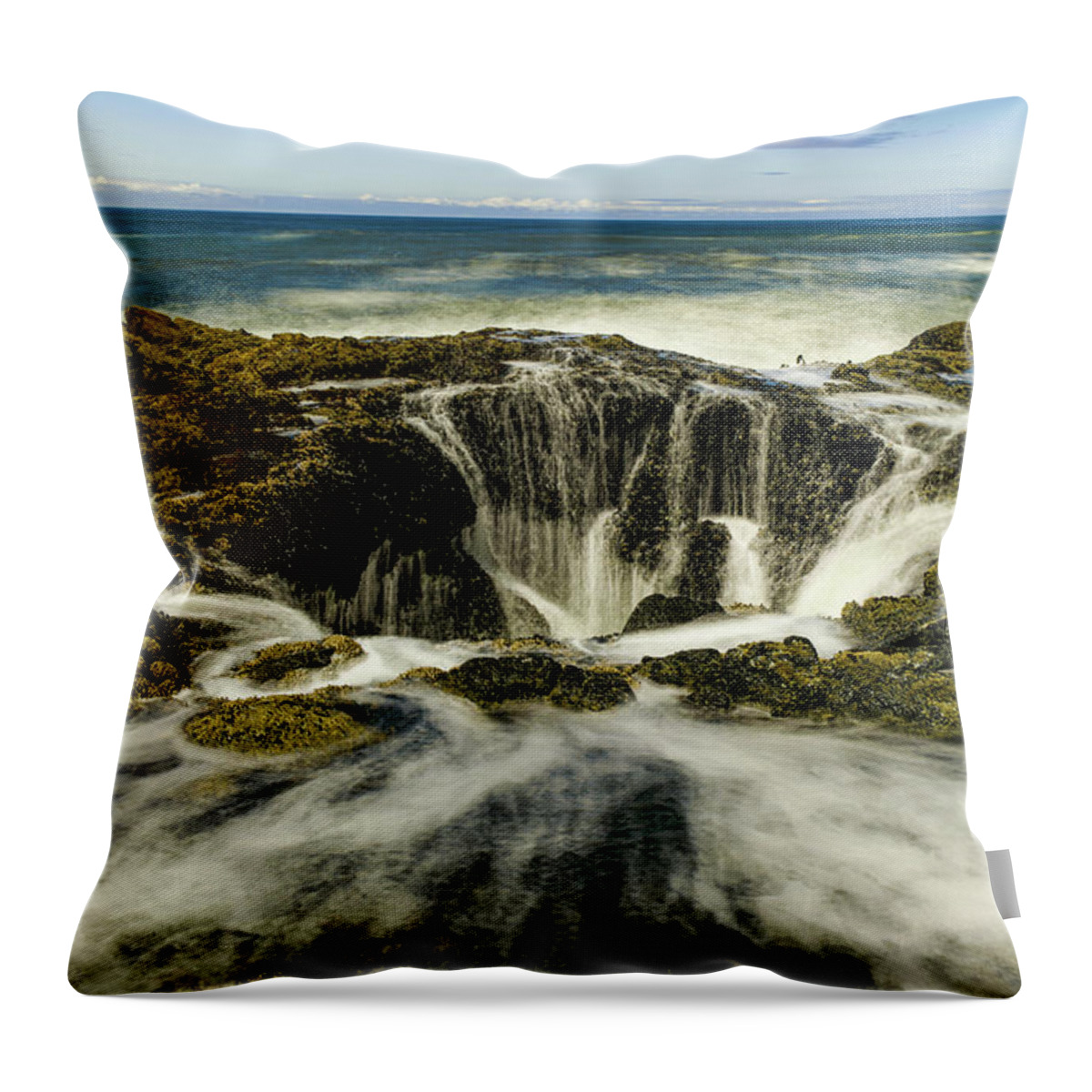 Oregon Throw Pillow featuring the photograph Drama at Thor's Well #1 by Jeff Swan