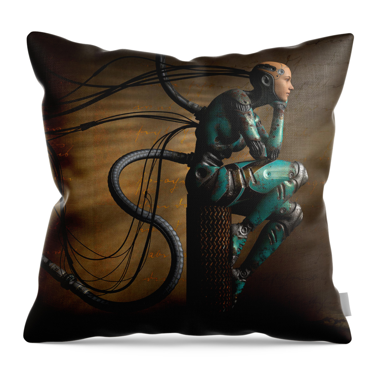 Dreaming Gold Aqua Robot Tubes Wires Shadows Light Throw Pillow featuring the digital art Dreaming #1 by Alisa Williams