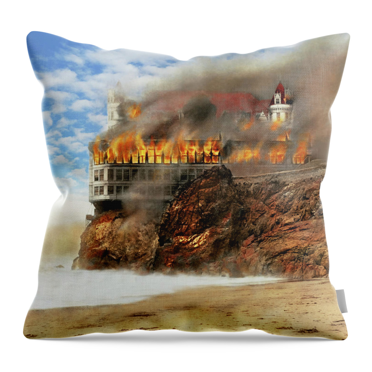 Cliff House Fire Throw Pillow featuring the photograph Fire - Cliffside fire 1907 - No People by Mike Savad