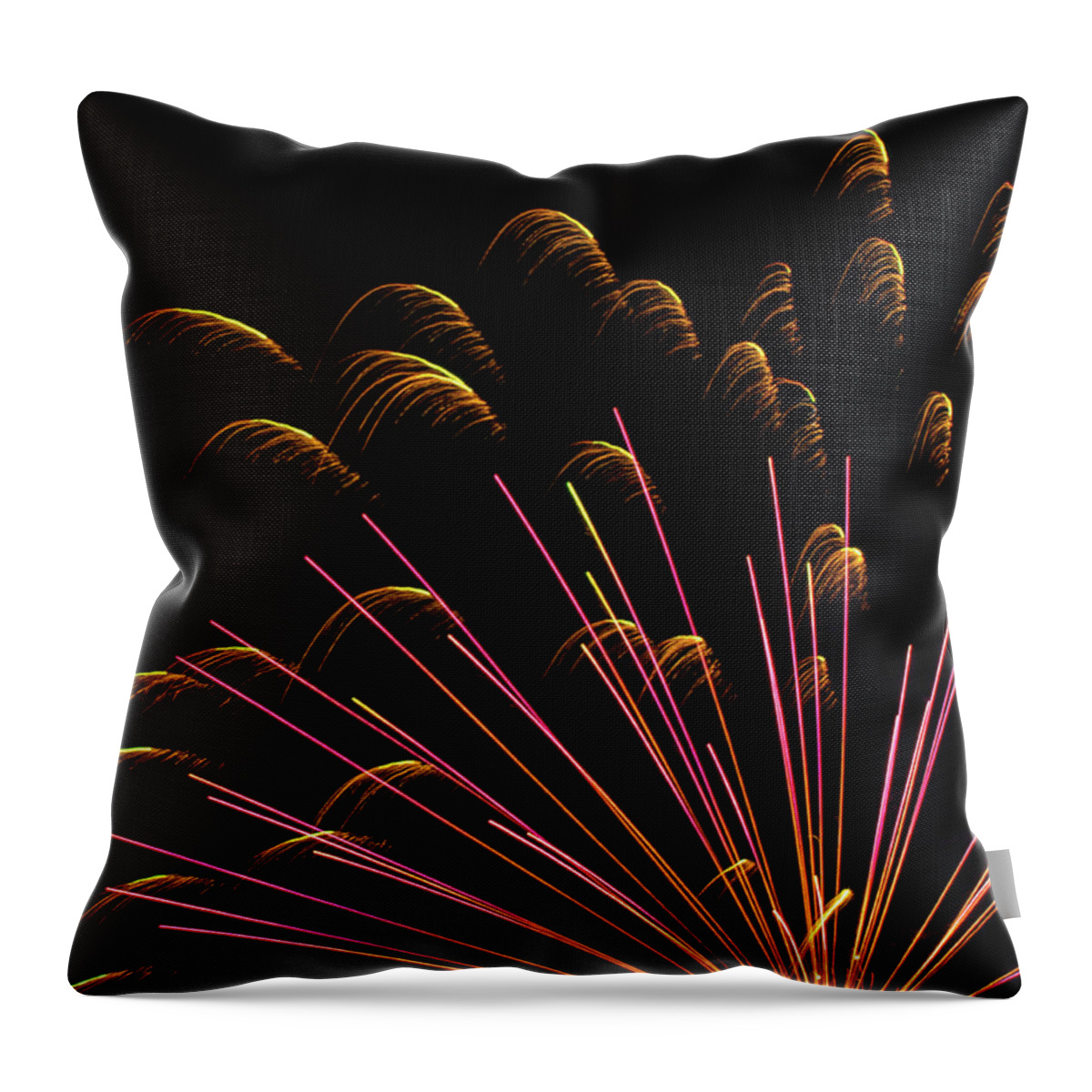 Purple Yellow Romeoville Fireworks Throw Pillow featuring the photograph Fireworks in Romeoville, Illinois #1 by David Morehead