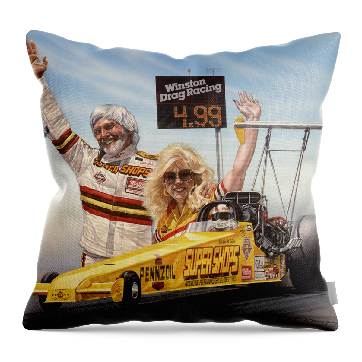 Nhra Funny Car Hell Fire Nitro Top Fuel Dragster Kenny Youngblood John Force Throw Pillow featuring the painting First in the Fours #1 by Kenny Youngblood