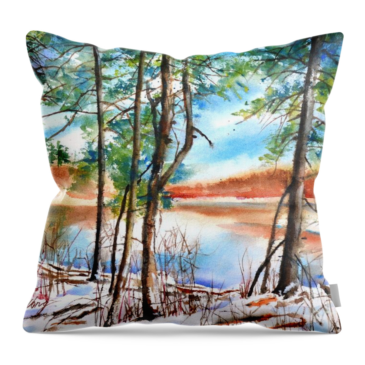 Lake Throw Pillow featuring the painting For love of winter #6 by Betty M M Wong