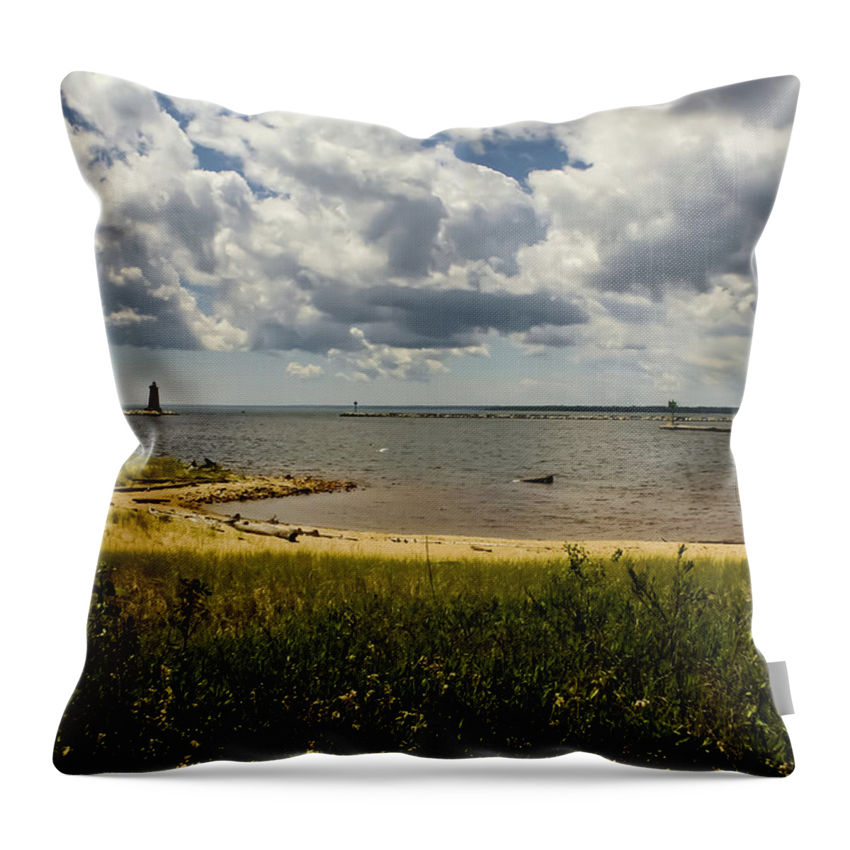 Manistique East Breakwater Light Throw Pillow featuring the photograph Further to the West #1 by Deb Beausoleil