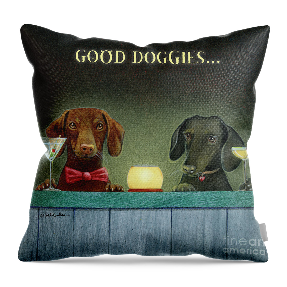 Dachshunds Throw Pillow featuring the painting Good Doggies... #2 by Will Bullas