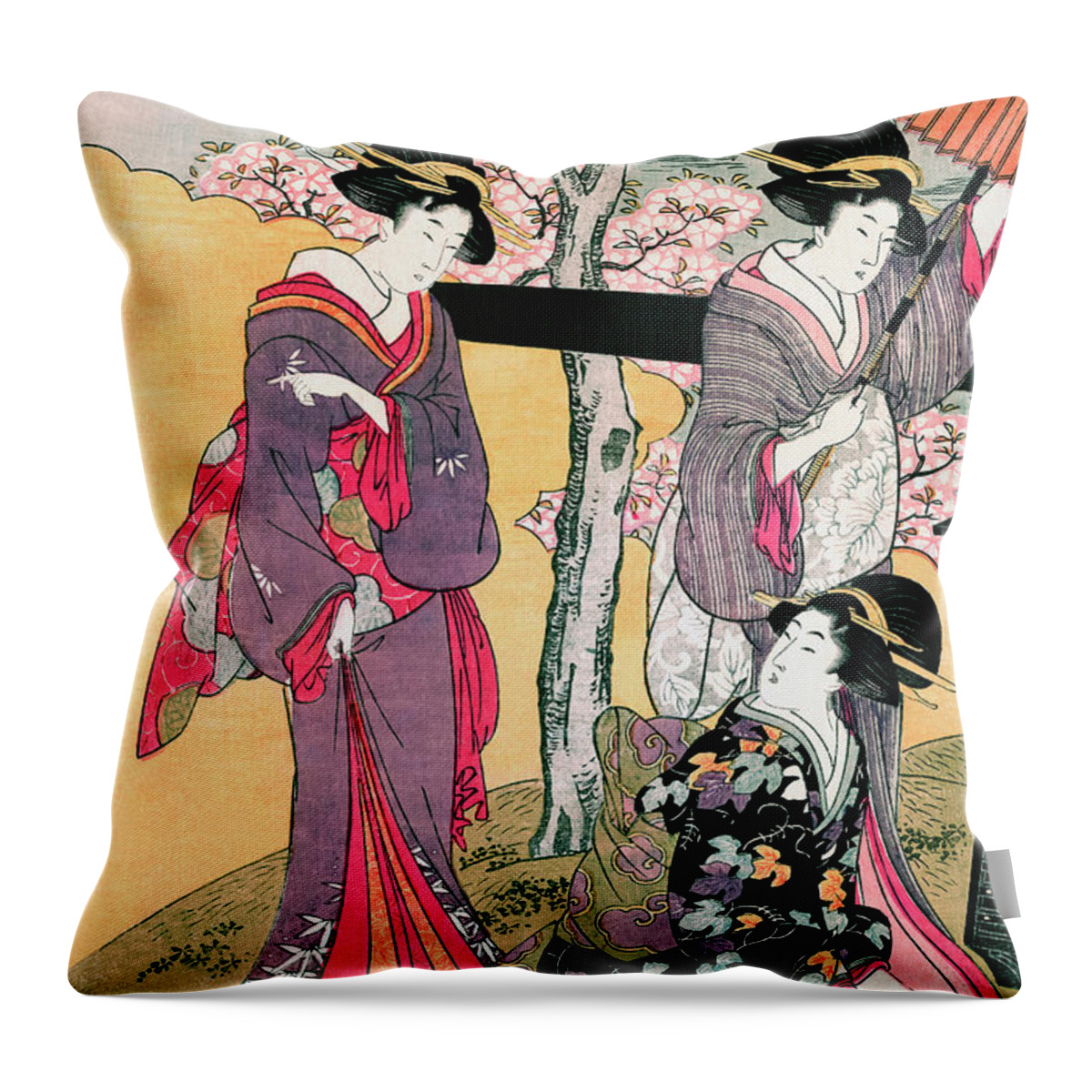 Garden Throw Pillow featuring the painting Gotenyama no Hanami Hidari #1 by Utamaro Kitagawa