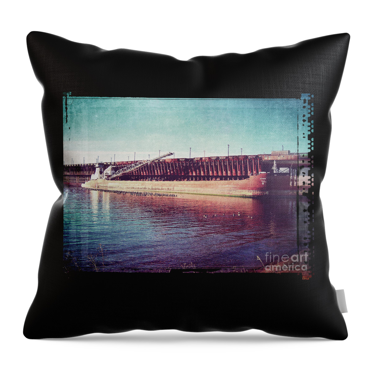 Railroad Throw Pillow featuring the digital art Great Lakes Freighter #1 by Phil Perkins