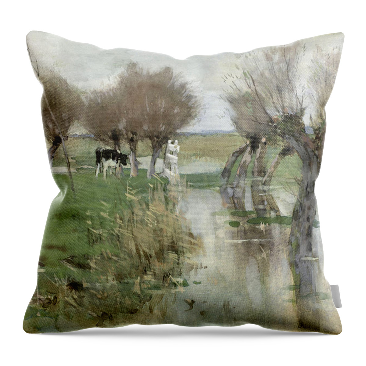 Geo Poggenbeek Throw Pillow featuring the drawing High water in the pasture #1 by Geo Poggenbeek