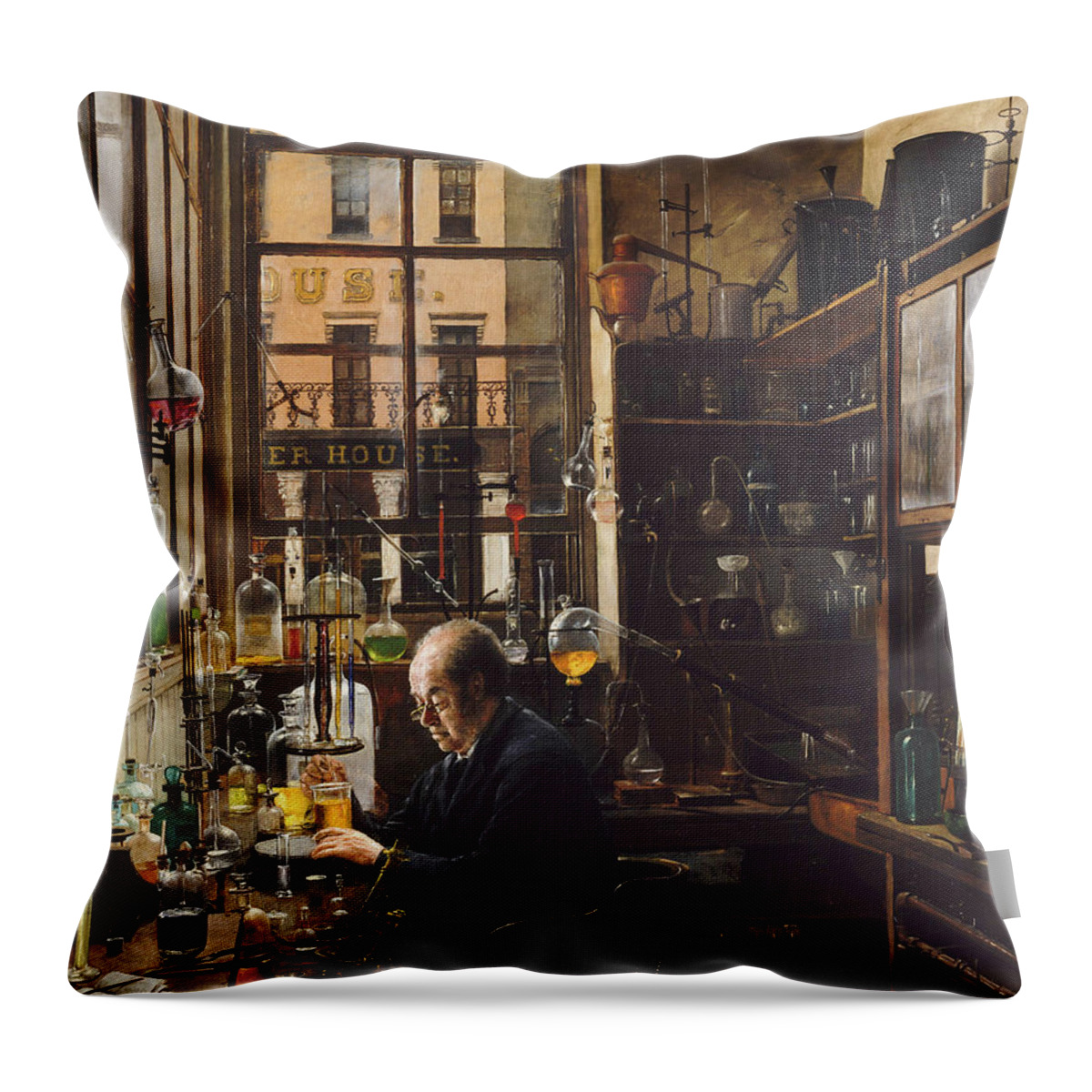 Figurative Throw Pillow featuring the painting In the Laboratory #1 by Henry Alexander