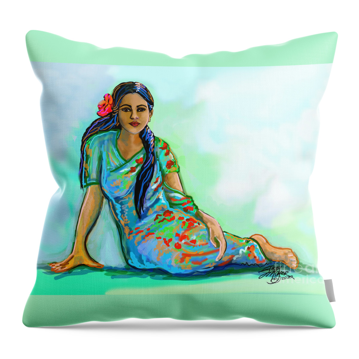 Indian Woman With Sari Throw Pillow featuring the digital art Indian Woman With Flower by Stacey Mayer