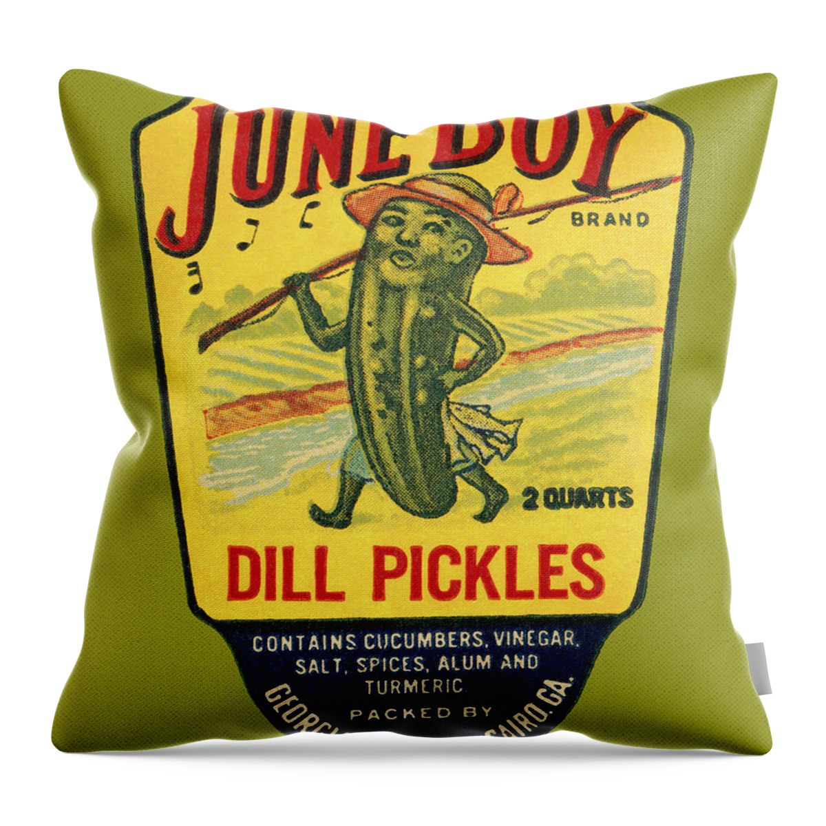 Vintage Throw Pillow featuring the drawing June Boy Dill Pickles #1 by Vintage Food Labels