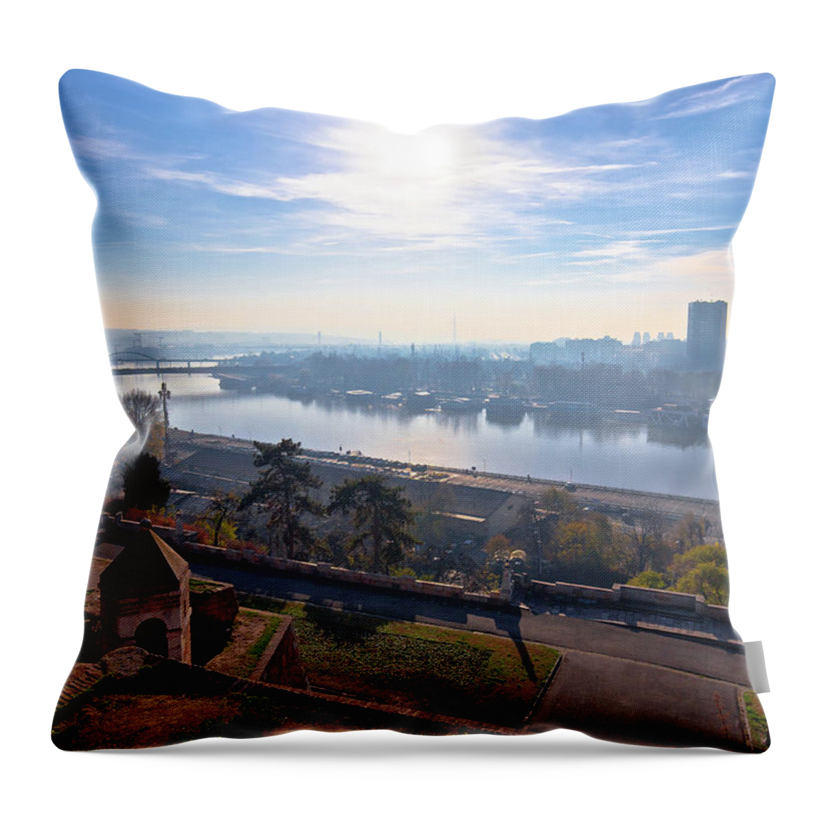 Belgrade Throw Pillow featuring the photograph Kalemegdan. View of Sava river and Belgrade cityscape from Kale #1 by Brch Photography