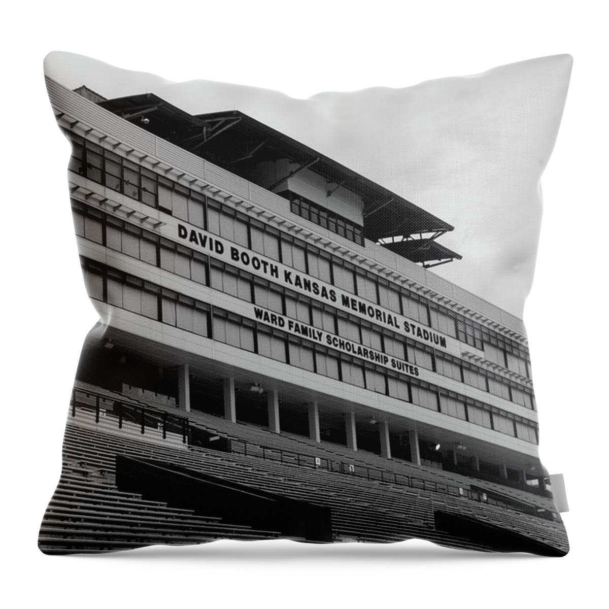 Kansas Jayhawks Stadium Throw Pillow featuring the photograph Kansas Jayhawks football stadium in black and white #1 by Eldon McGraw