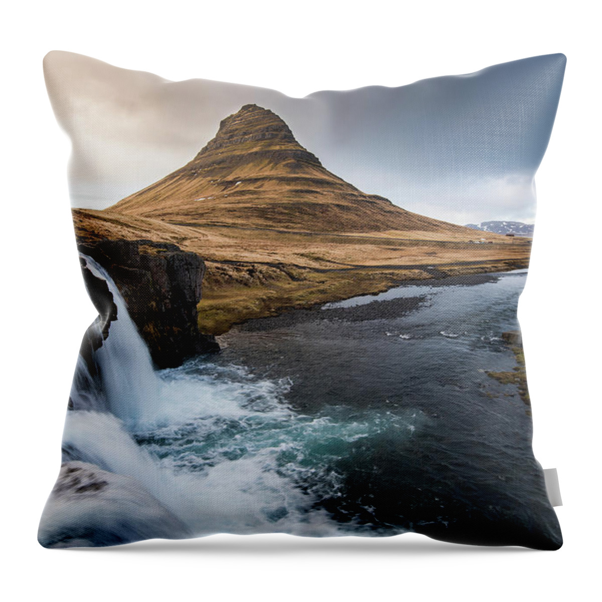 Iceland Throw Pillow featuring the photograph Kirkjufell mountain and the kirkjufellfoss waterfall in Iceland #2 by Michalakis Ppalis