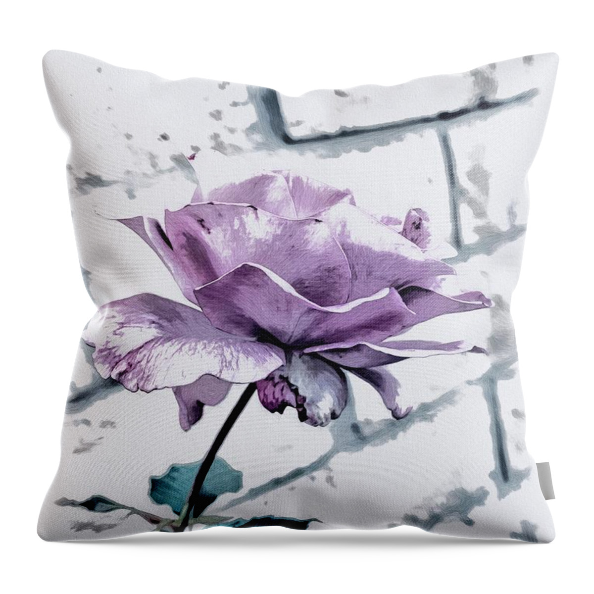 Rose Flower Lavender White Green Leaves Grey Wall Throw Pillow featuring the digital art Lavender Rose #1 by Kathleen Boyles