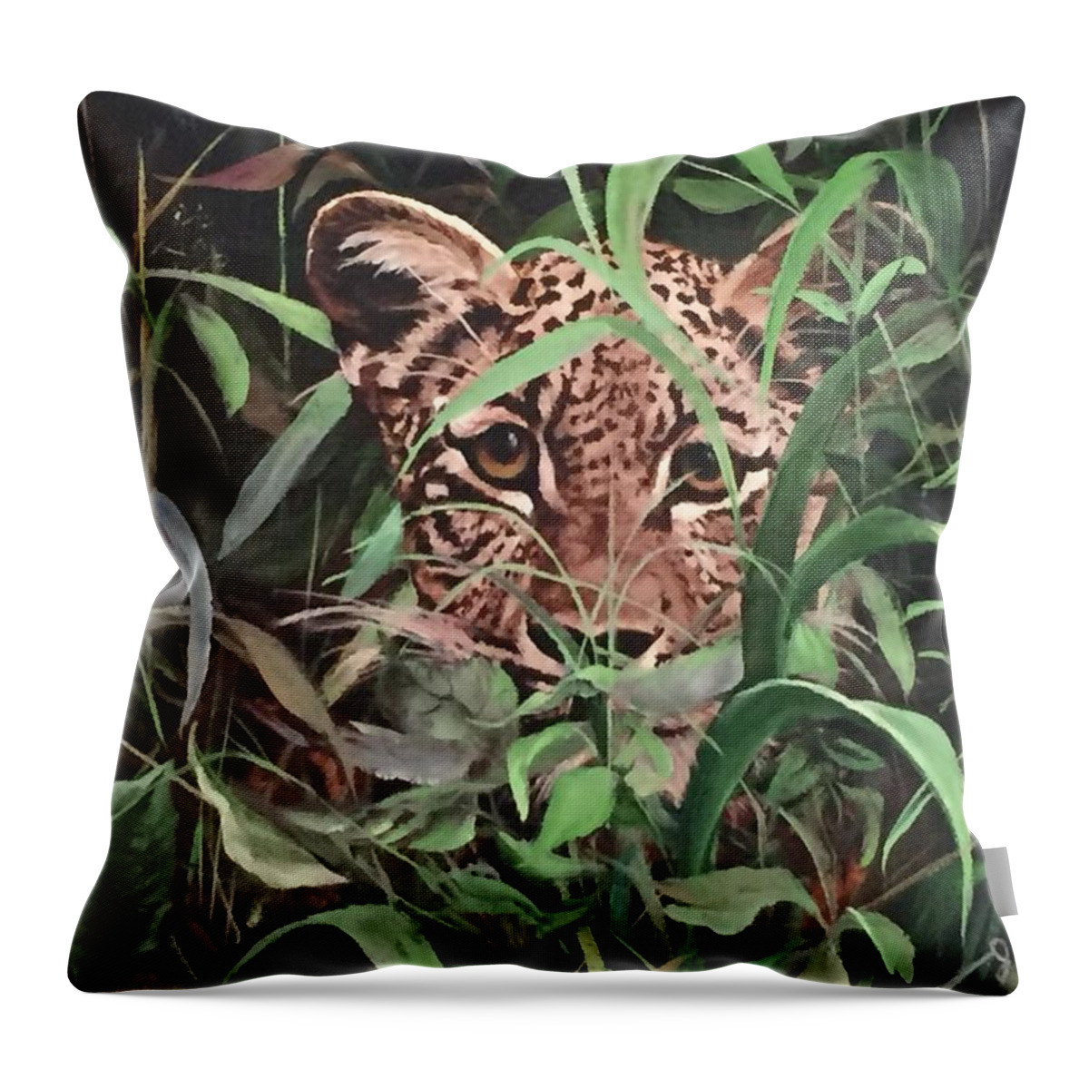 Leopard Throw Pillow featuring the painting Leopard In Jungle by Judy Rixom