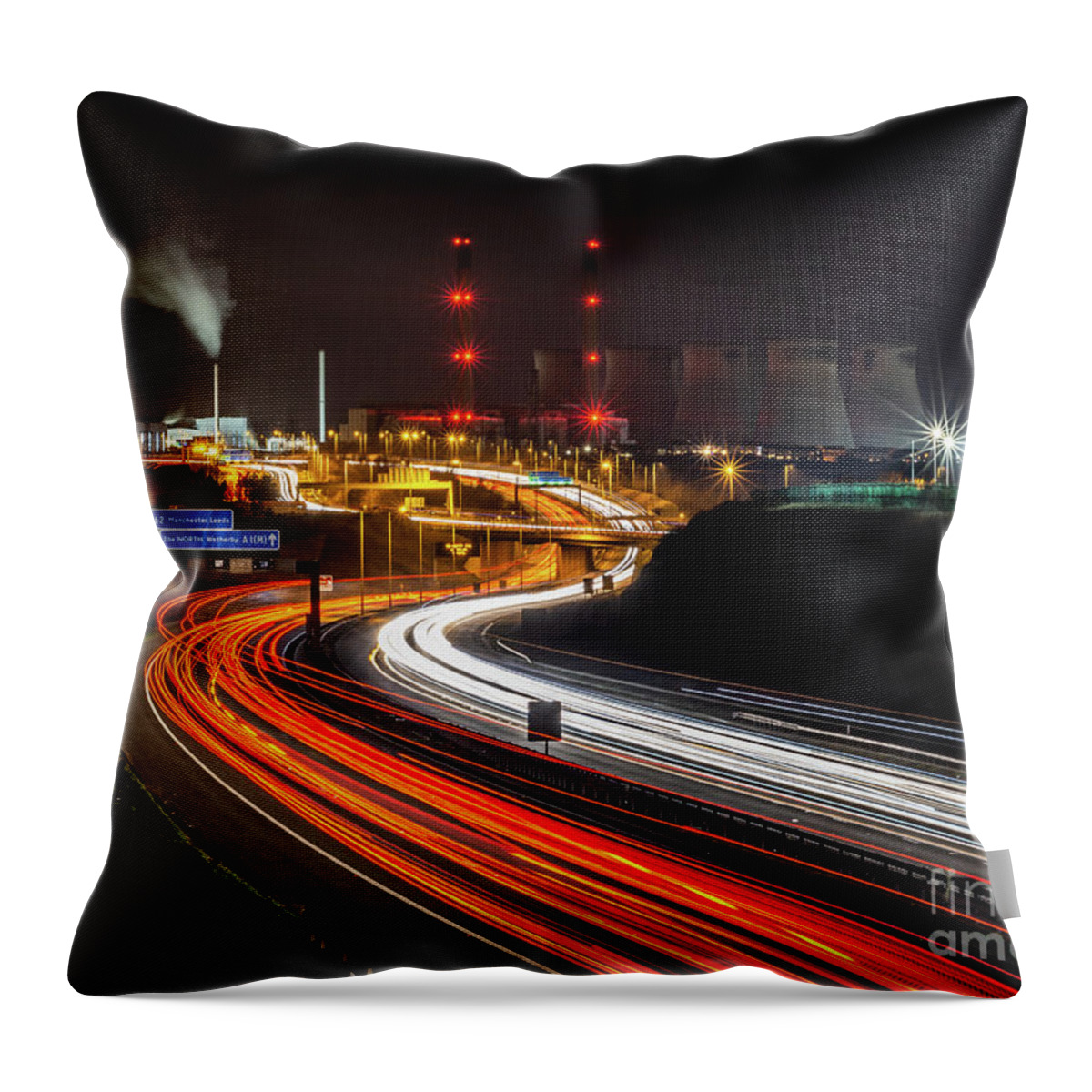 England Throw Pillow featuring the photograph Light trails and Ferrybridge Power Station #1 by Mariusz Talarek