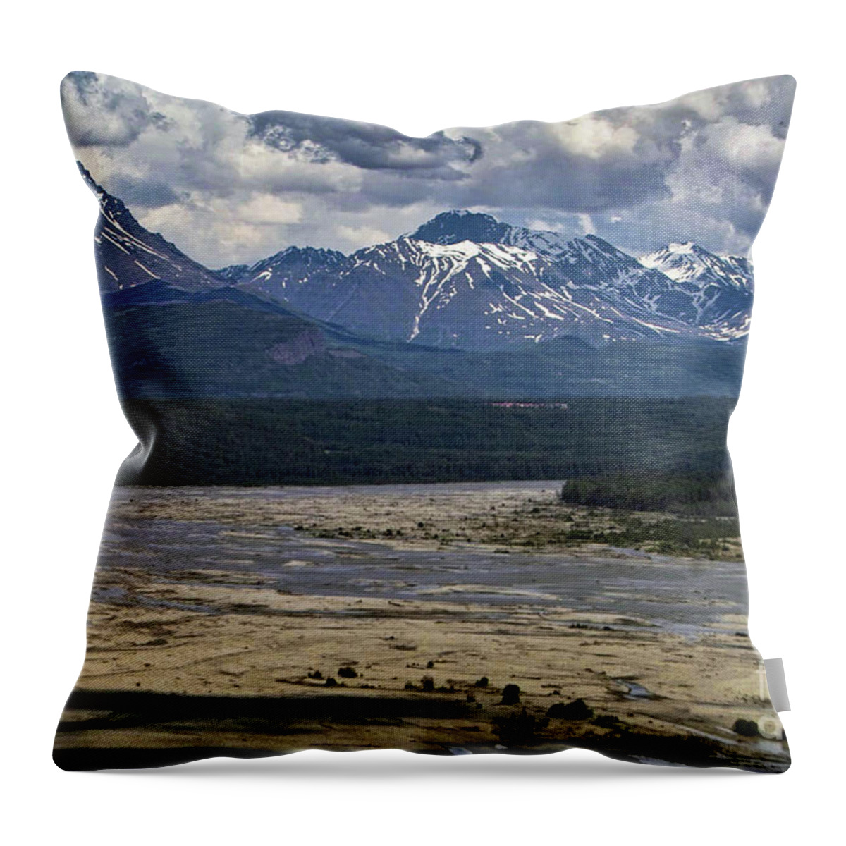 Matanuska Throw Pillow featuring the photograph Matanuska River and Mountains #1 by Kimberly Blom-Roemer