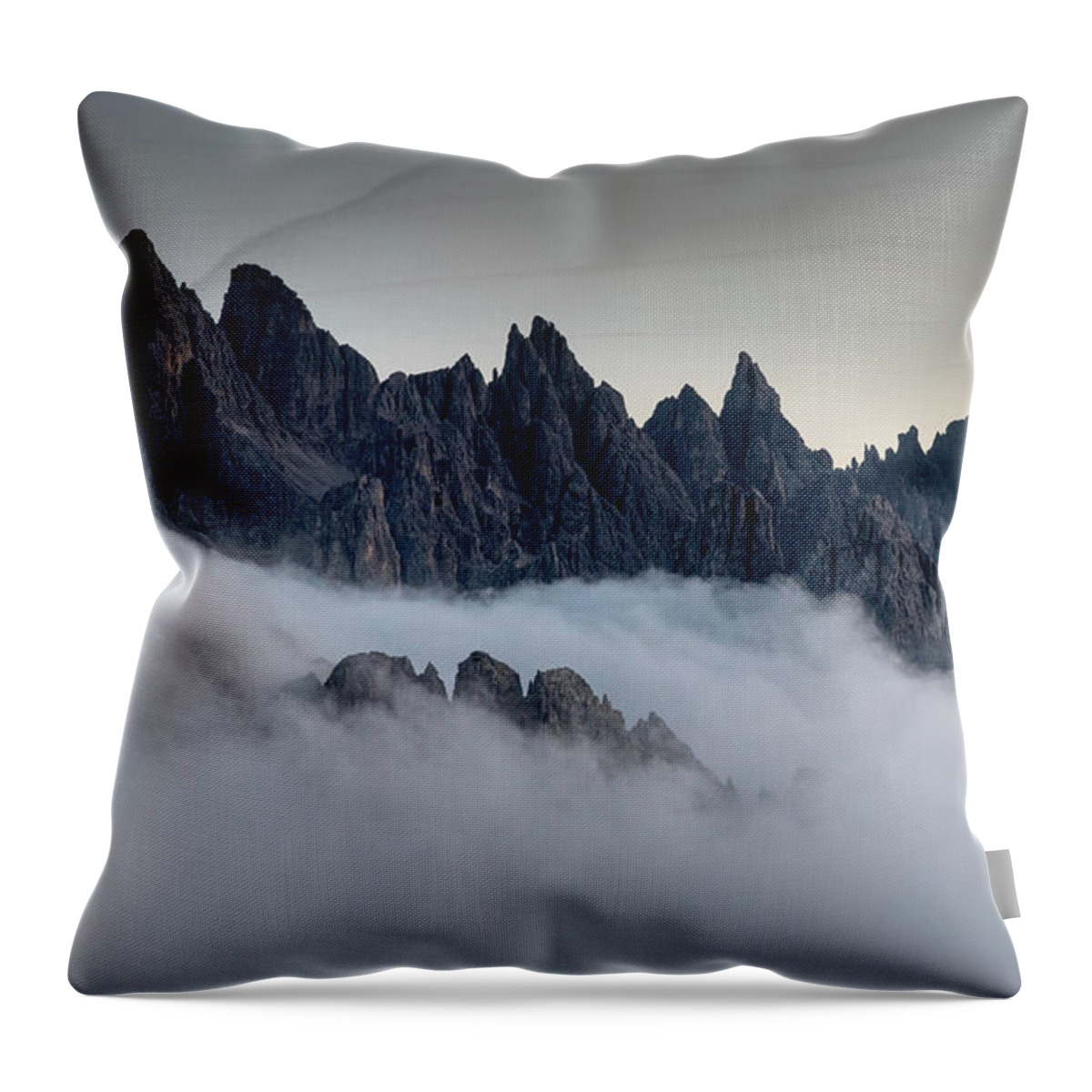 Dolomiti Throw Pillow featuring the photograph Mountain landscape with mist, at sunset Dolomites at Tre Cime Italy. #1 by Michalakis Ppalis