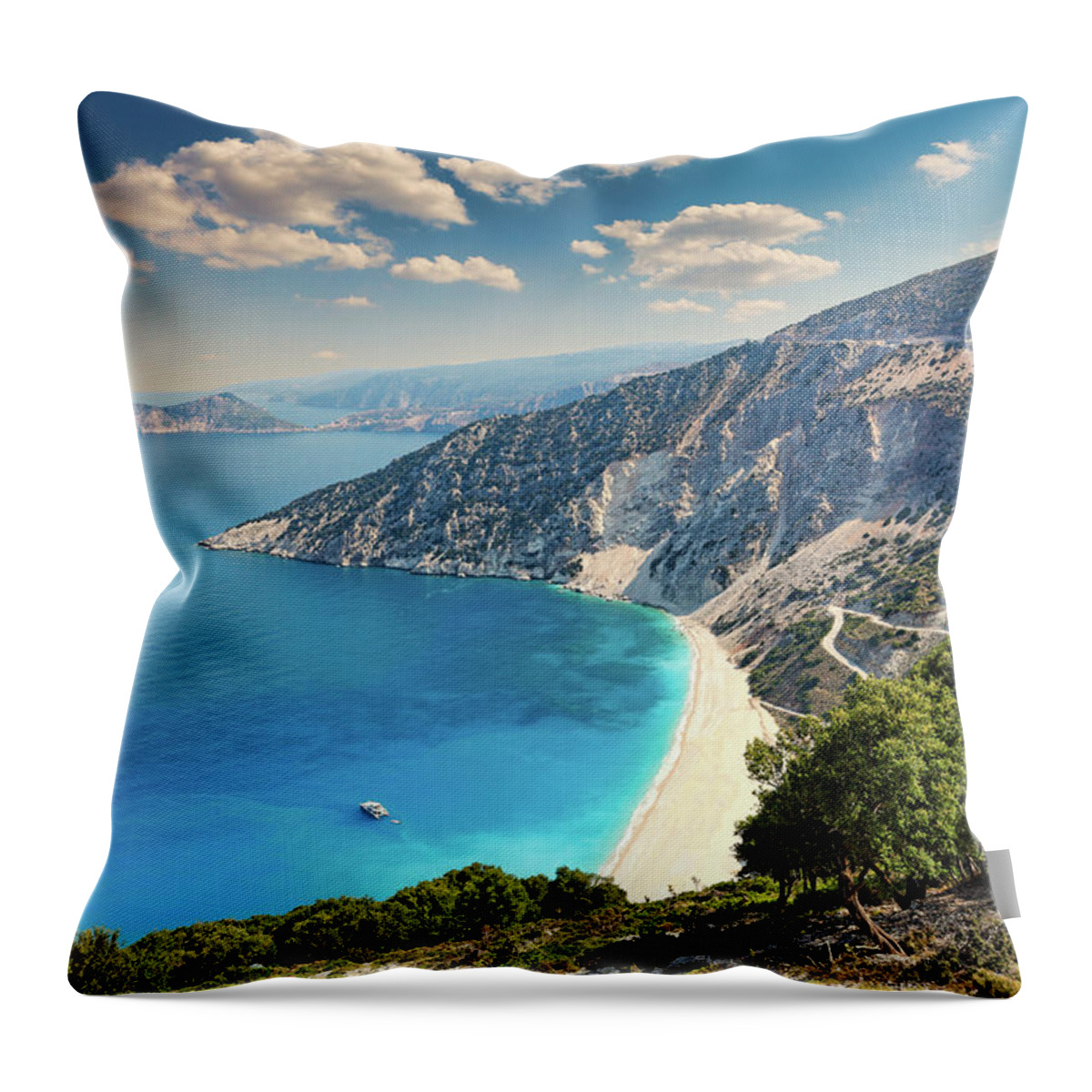 Myrtos Throw Pillow featuring the photograph Myrtos beach in Kefalonia, Greece #1 by Constantinos Iliopoulos