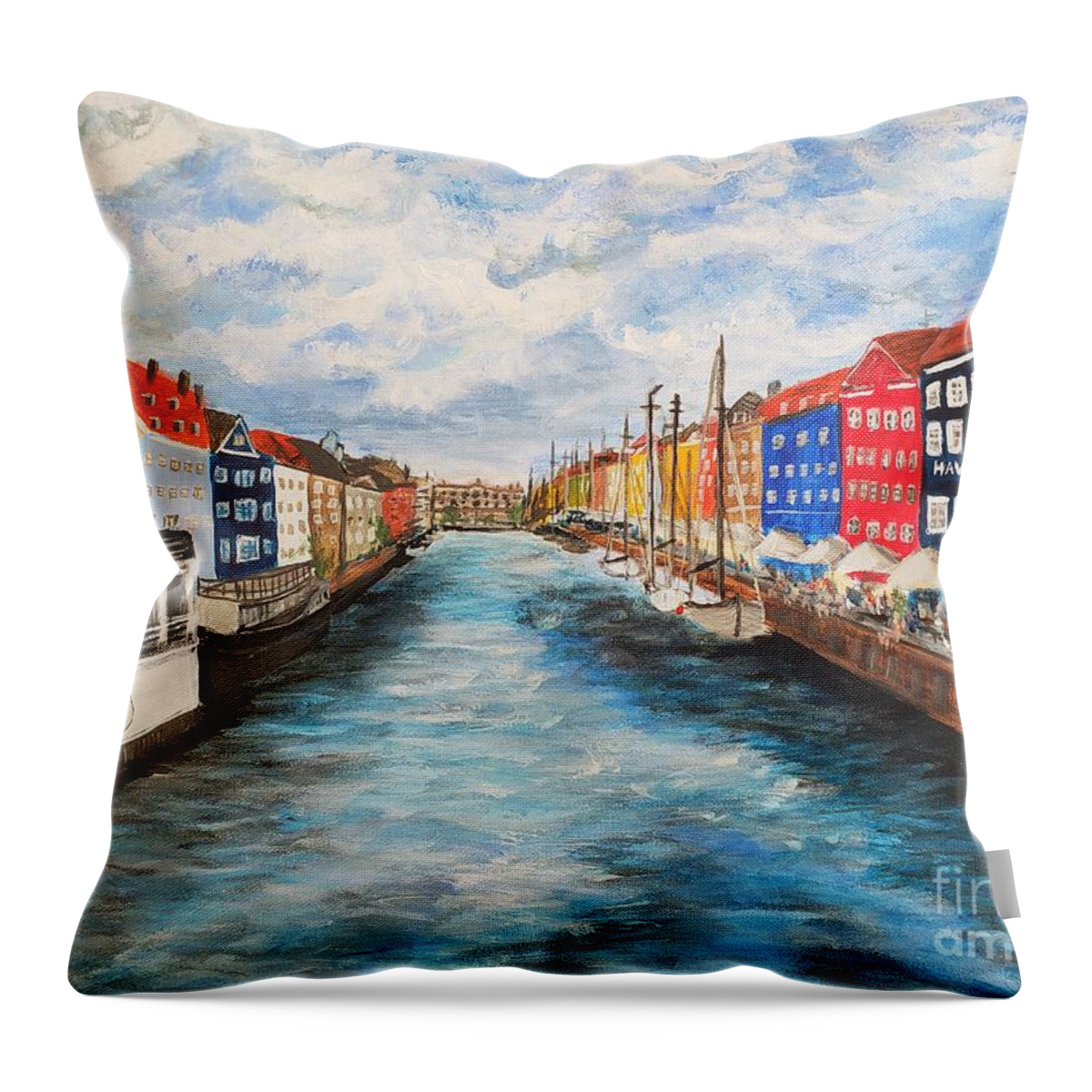 Copenhagen Throw Pillow featuring the painting Nyhavn, Copenhagen, Denmark - Canal View by C E Dill
