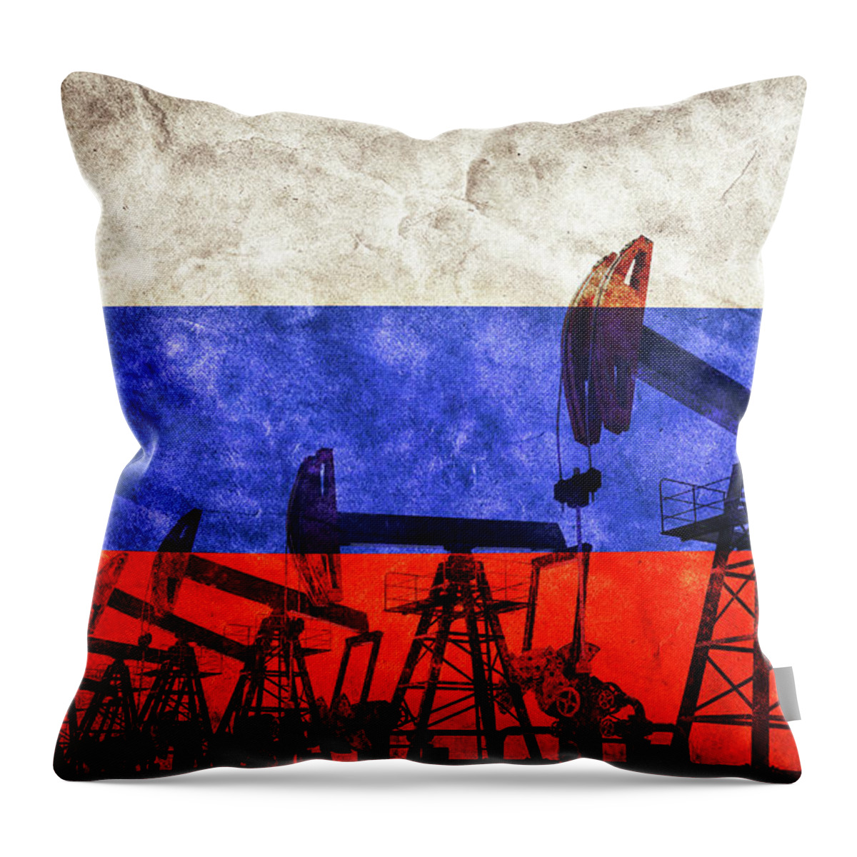Oil Throw Pillow featuring the photograph Oil pump jack on flag of Russia. Russian petroleum #1 by Michal Bednarek