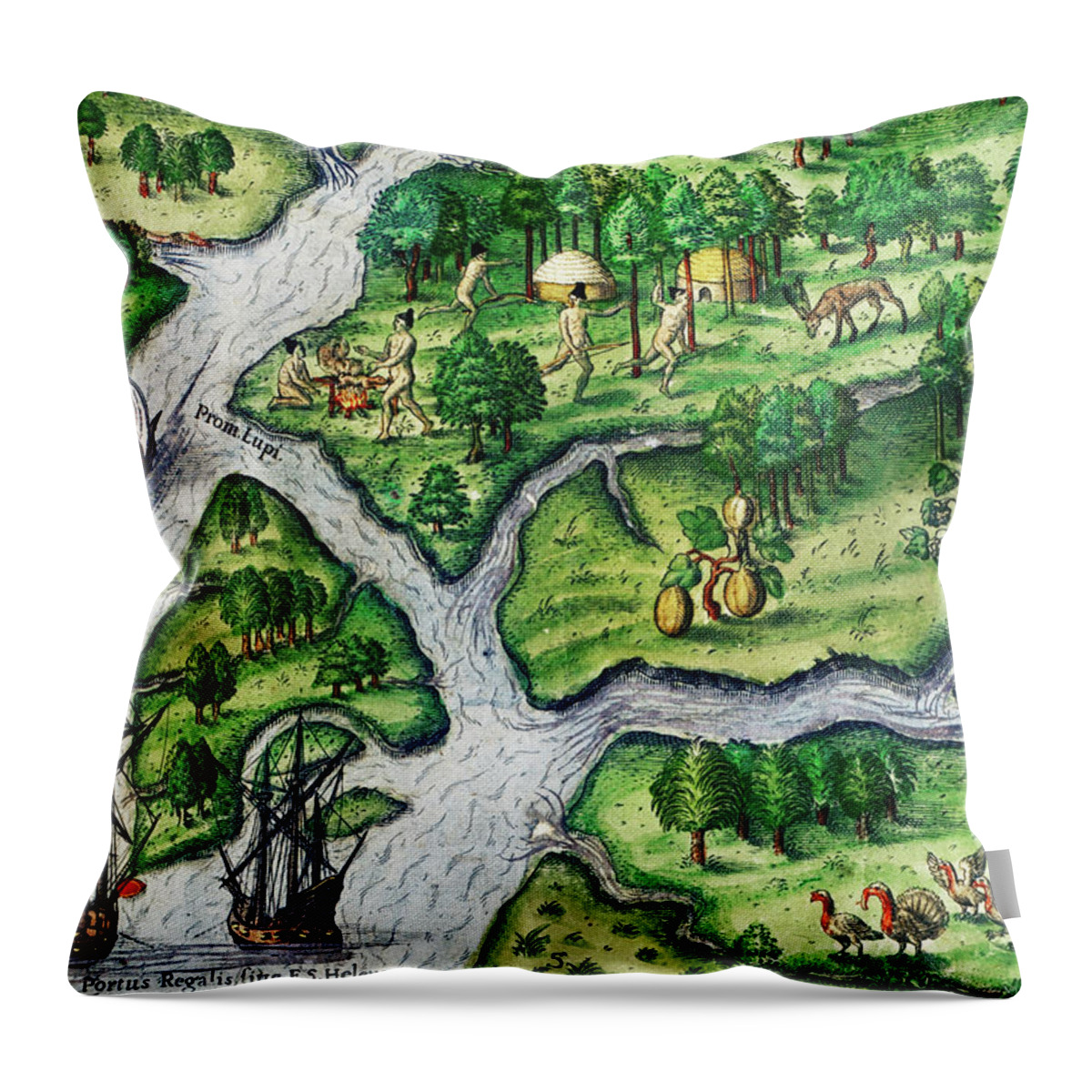 Port Royal Throw Pillow featuring the drawing Port Royal, South Carolina illustration from Grand voyages 1596 #1 by Theodor de Bry