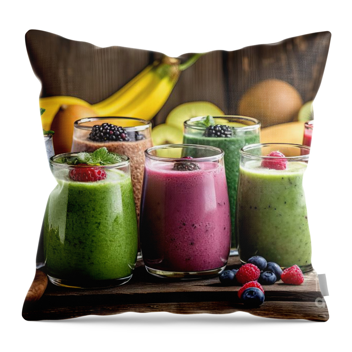 Smoothie Throw Pillow featuring the painting premium Selection of colourful smoothies on rustic wood background #1 by N Akkash