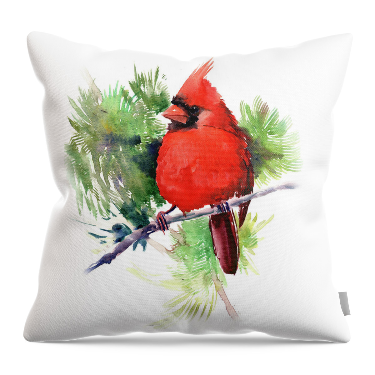 Cardinal Bird Throw Pillow featuring the painting Red Cardinal Bird #1 by Suren Nersisyan