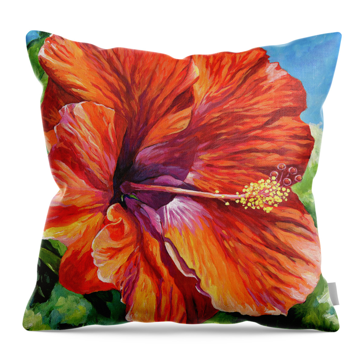 Flower Throw Pillow featuring the painting Red Hibiscus #1 by John Clark