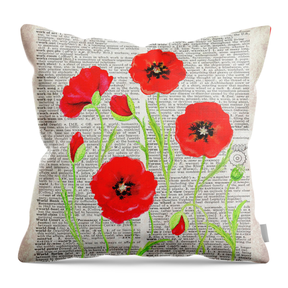 Dictionary Throw Pillow featuring the painting Red Poppies Wildflowers Dictionary Page Watercolor #1 by Irina Sztukowski