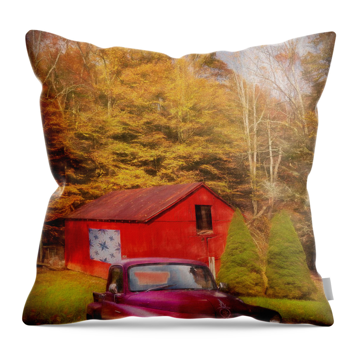 Truck Throw Pillow featuring the photograph Red Quilt Barn and Truck along the Creeper Trail Damascus Virgin #1 by Debra and Dave Vanderlaan