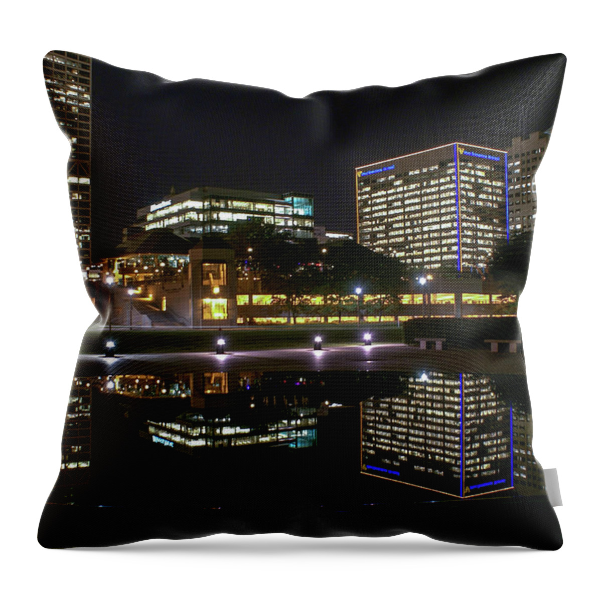 Skyline Reflections Throw Pillow featuring the photograph Reflections in the Fountain Pond #1 by Deb Beausoleil