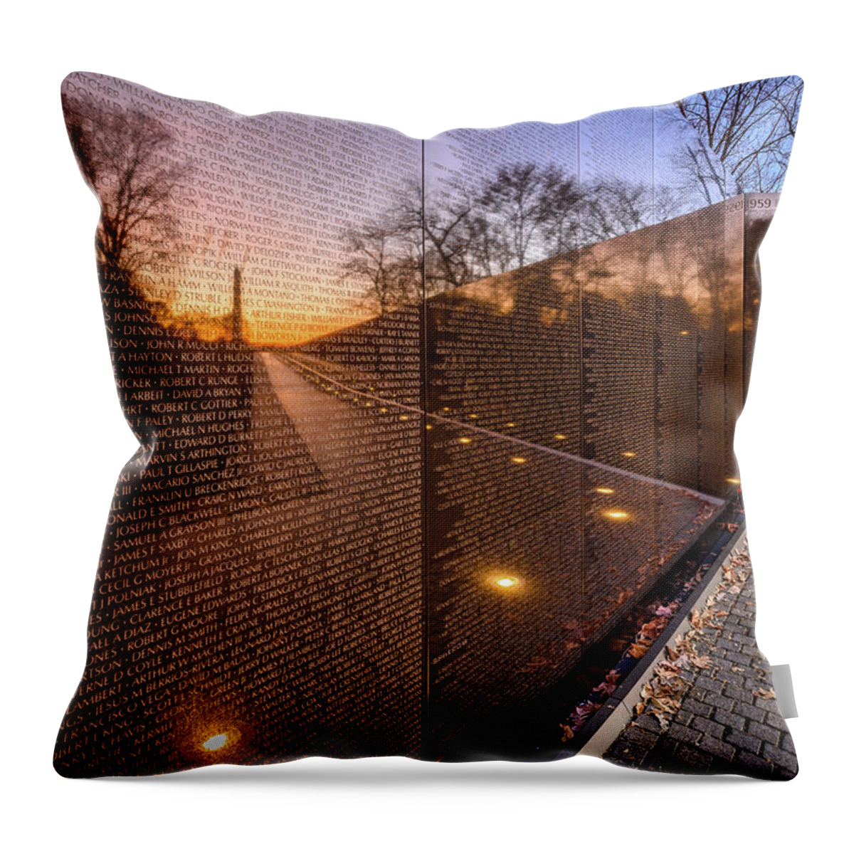 Sunrise Throw Pillow featuring the photograph Sunrise reflections at the Vietnam Veterans Memorial by Robert Miller