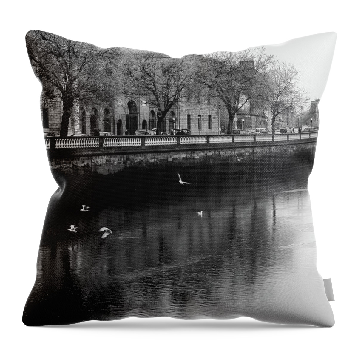Black And White Throw Pillow featuring the photograph River Liffey, Dublin #3 by Doug Wittrock