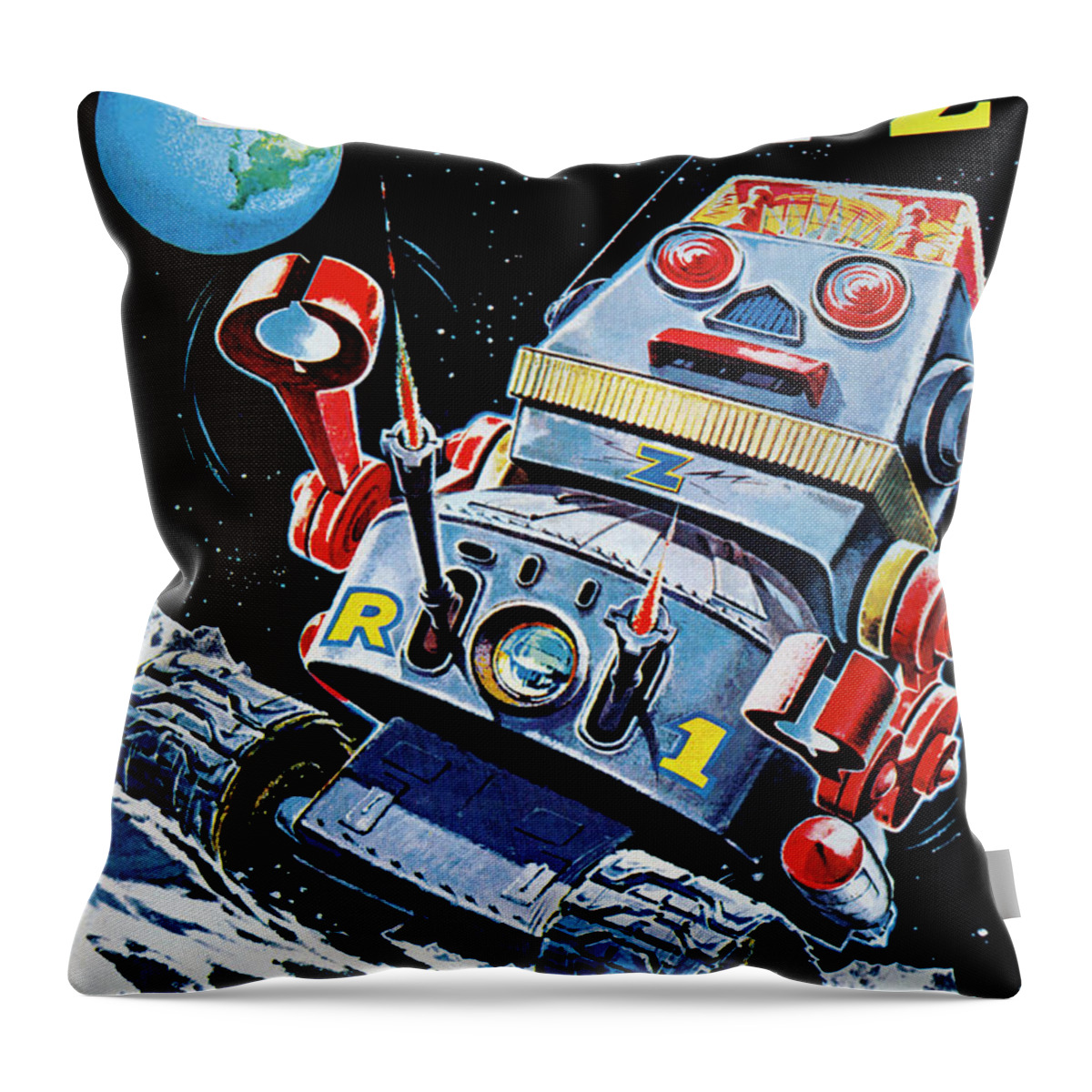 Vintage Toy Posters Throw Pillow featuring the drawing Robotank-Z Space Robot #1 by Vintage Toy Posters