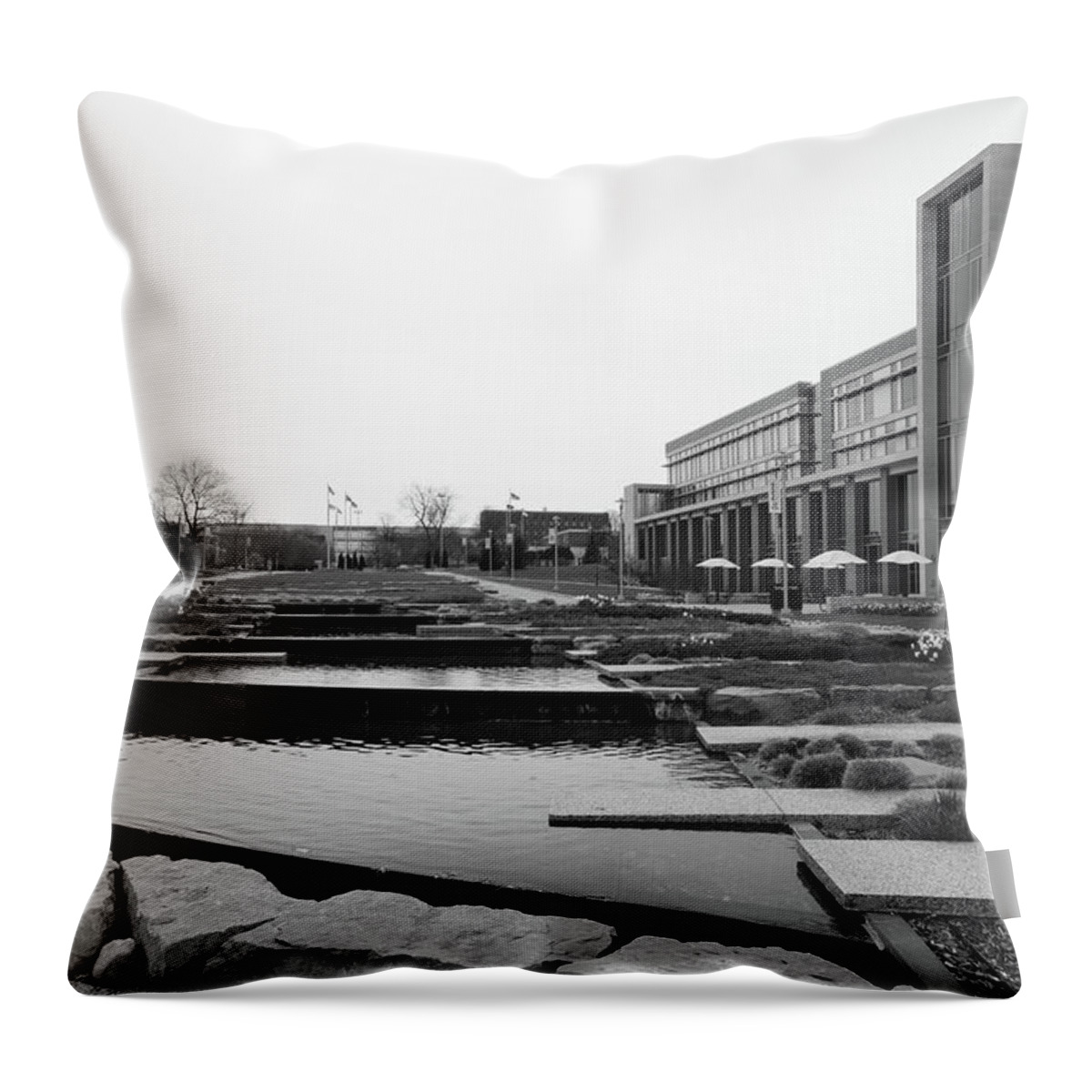 Western Michigan University Throw Pillow featuring the photograph Sangren Hall at Western Michigan University in black and white #1 by Eldon McGraw
