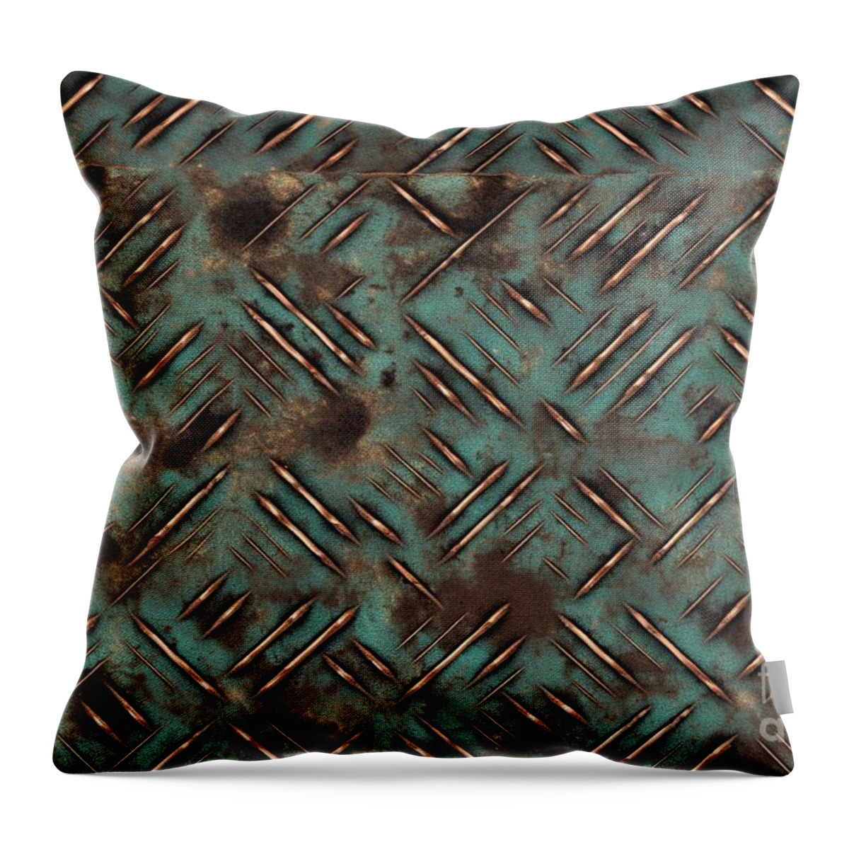 Seamless Throw Pillow featuring the painting Seamless Oxidized Copper Patina Metal Diamond Plate Grunge Background Texture Vintage Antique Weathered Worn Corroded Rusted Bronze Or Brass Abstract Steampunk Pattern High Resolution 3d Rendering #1 by N Akkash