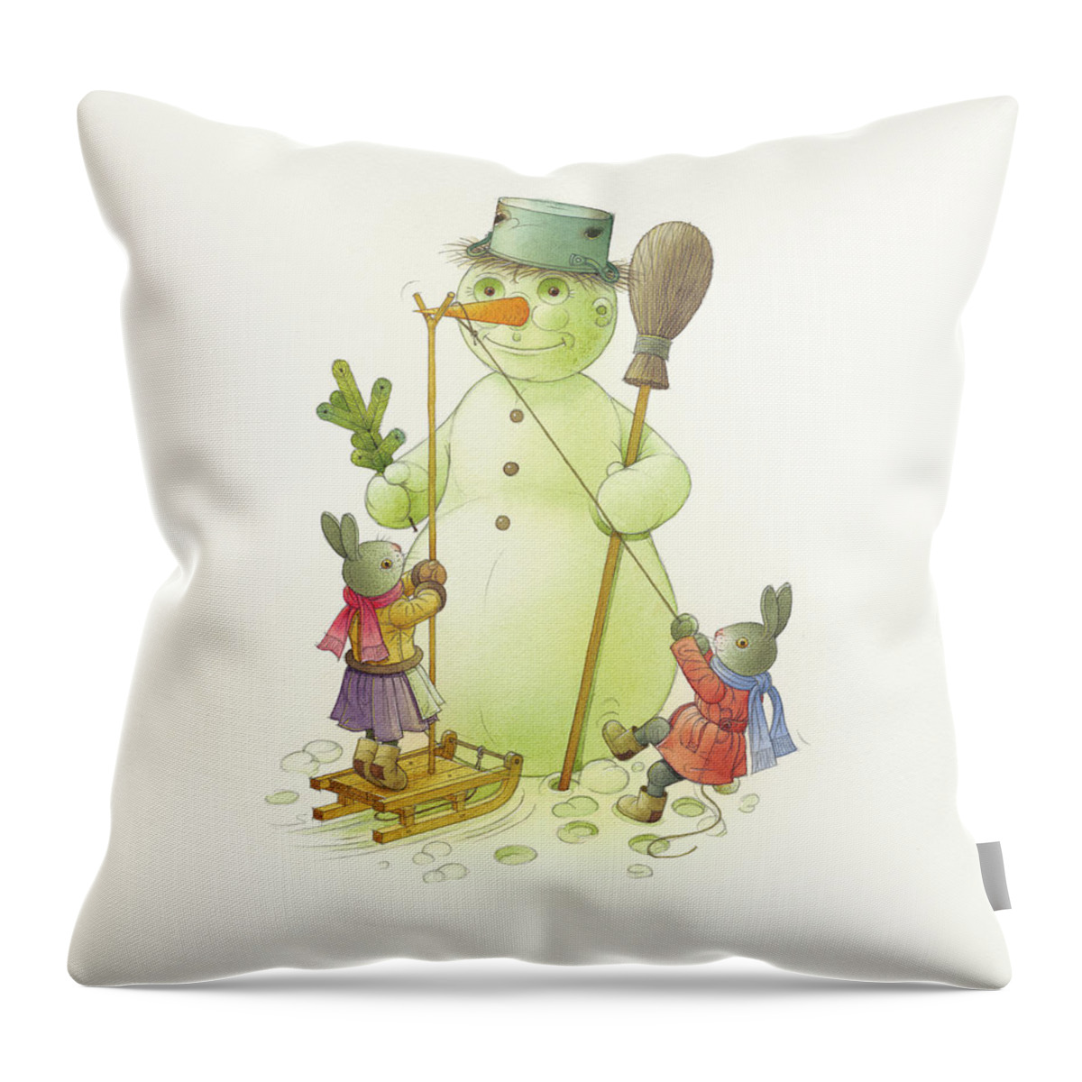 Christmas Christmascard Winter Snow Snowman Rabbits Holydays Throw Pillow featuring the drawing Snowman #2 by Kestutis Kasparavicius