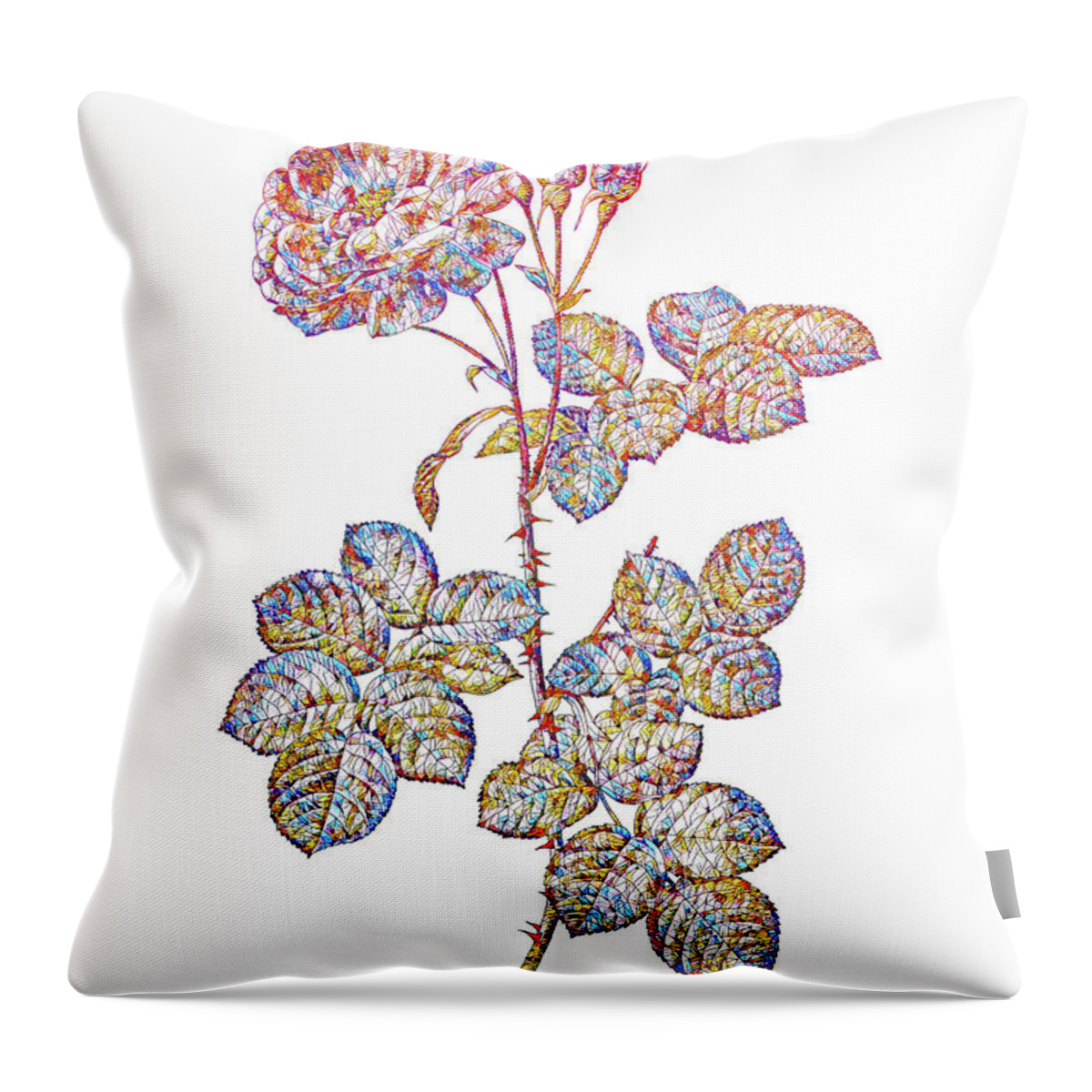 Holyrockarts Throw Pillow featuring the mixed media Stained Glass Damask Rose Botanical Art On White #1 by Holy Rock Design