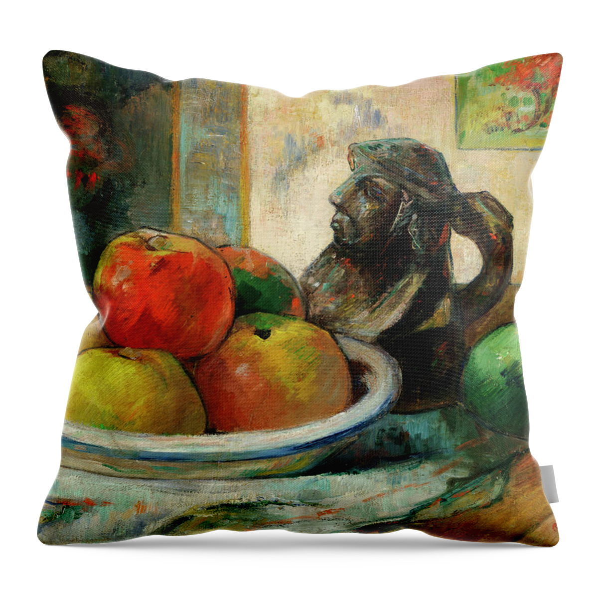 Paul Gauguin Throw Pillow featuring the painting Still Life with Apples, a Pear, and Ceramic Portrait Jug, 1889 by Paul Gauguin