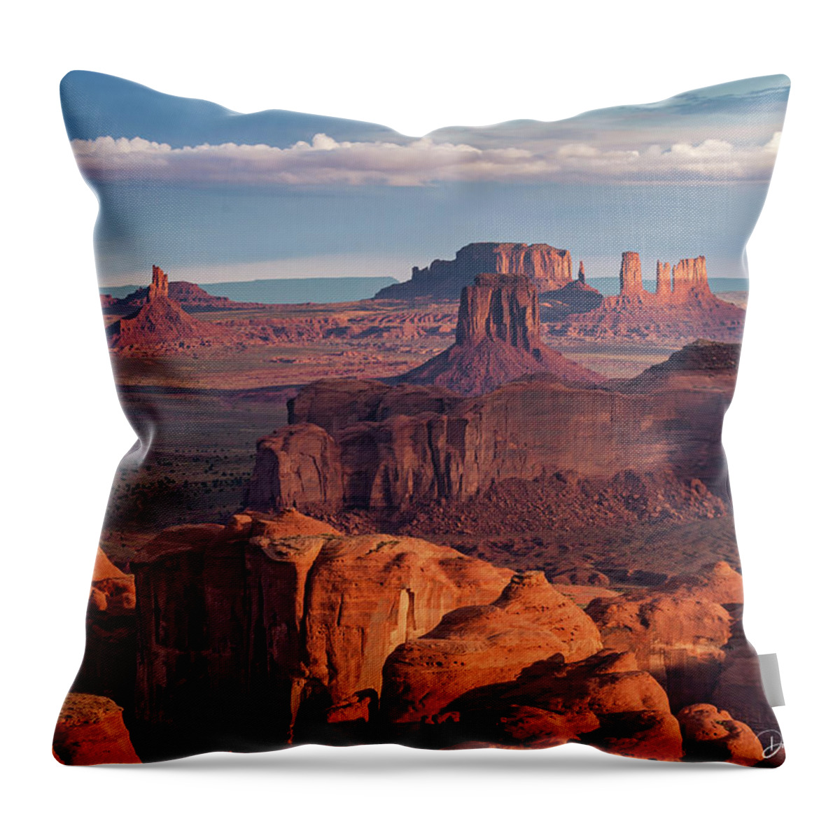 Southwest Desert Arizona Monument Valley Dineh Sunrise Stagecoach Red Rock Colorado Plateau Throw Pillow featuring the photograph Sunrise from Hunt's Mesa #1 by Dan Norris