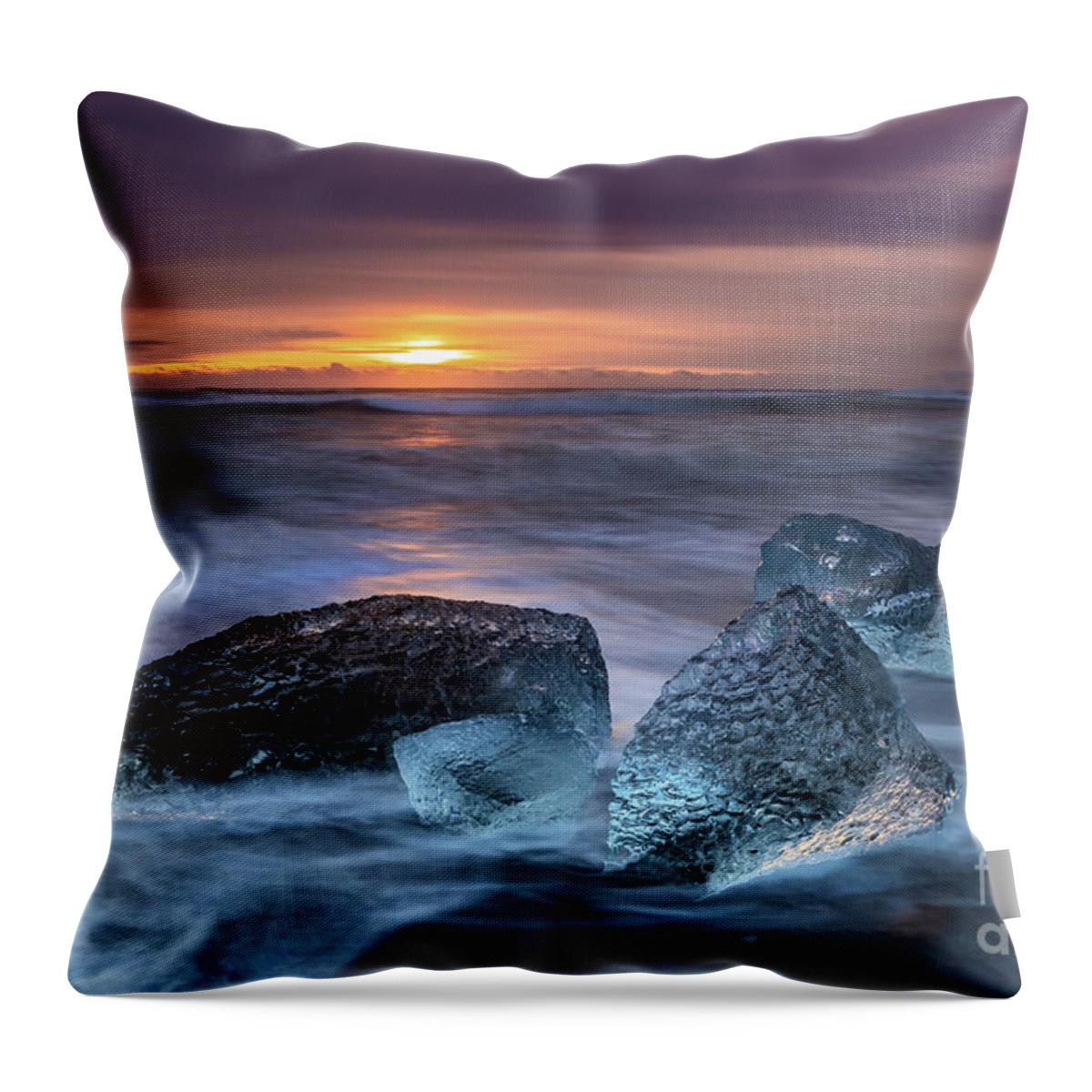 Beach Throw Pillow featuring the photograph Sunrise on Diamond Beach, Southeast Iceland. #1 by Jane Rix