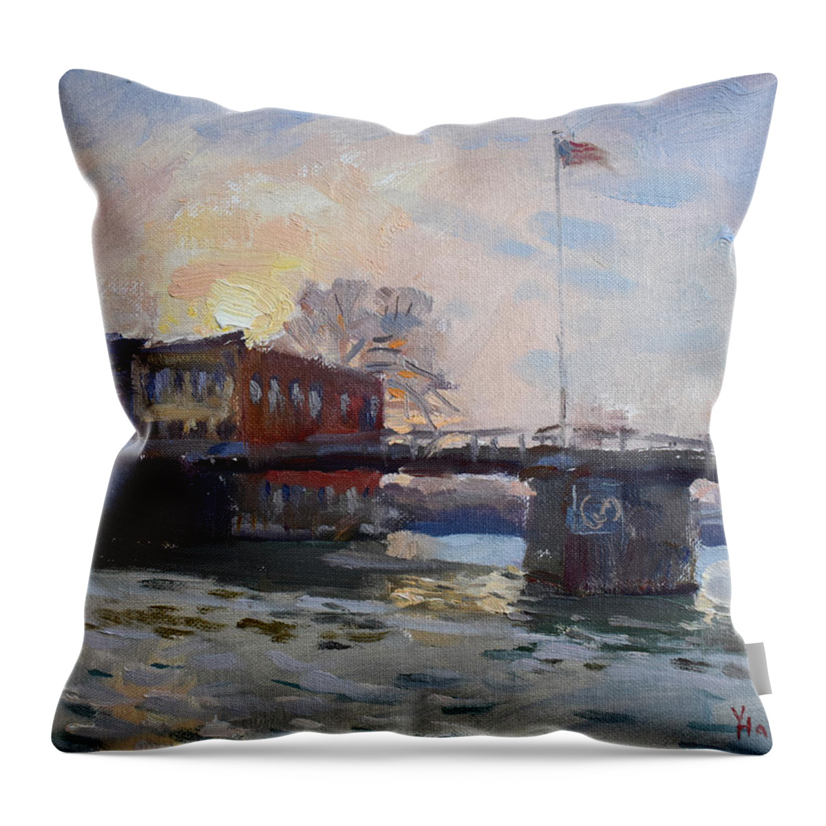 Sunset Throw Pillow featuring the painting Sunset at North Tonawanda Bridge 2 by Ylli Haruni