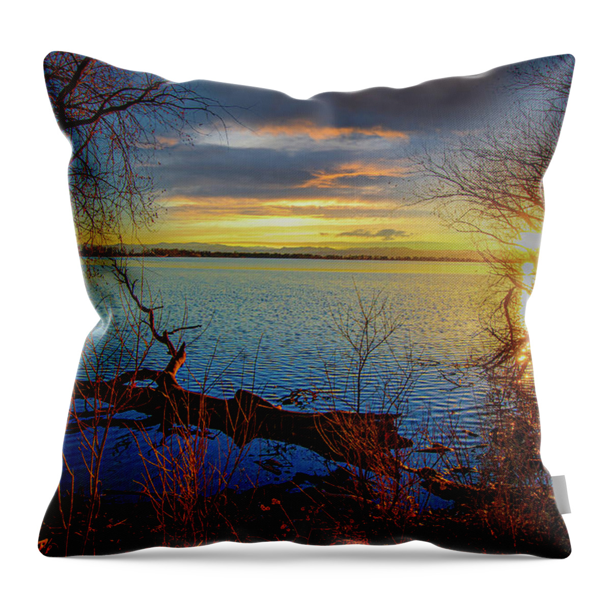 Autumn Throw Pillow featuring the photograph Sunset Over Lake Framed By TreesSunset Over Lake Framed By Trees by Tom Potter