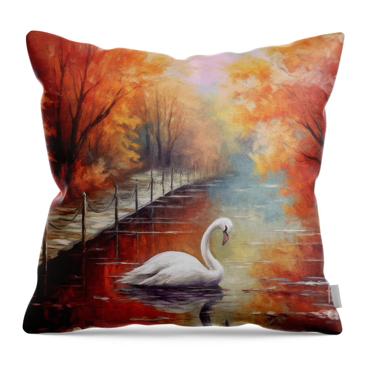 Autumn Landscape Throw Pillow featuring the painting Swan In Autumn by Tina LeCour