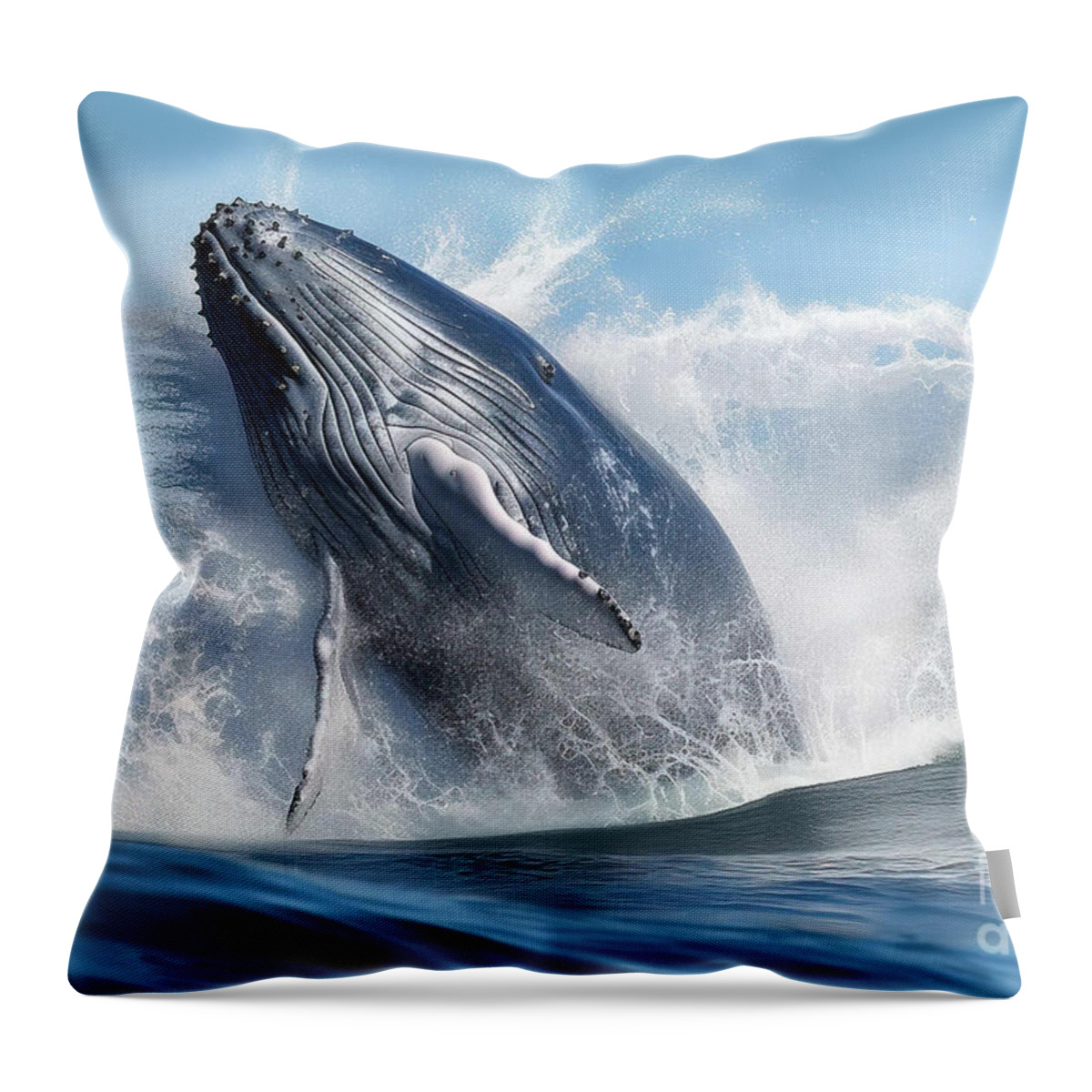 Whale Throw Pillow featuring the painting Tabby whale jumps out of the wave #1 by N Akkash
