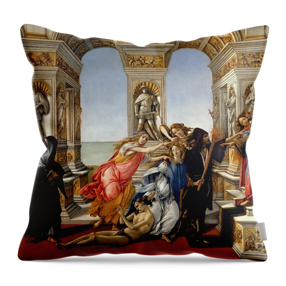 The Calumny Of Apelles Throw Pillow featuring the painting The Calumny of Apelles #1 by Sandro Botticelli