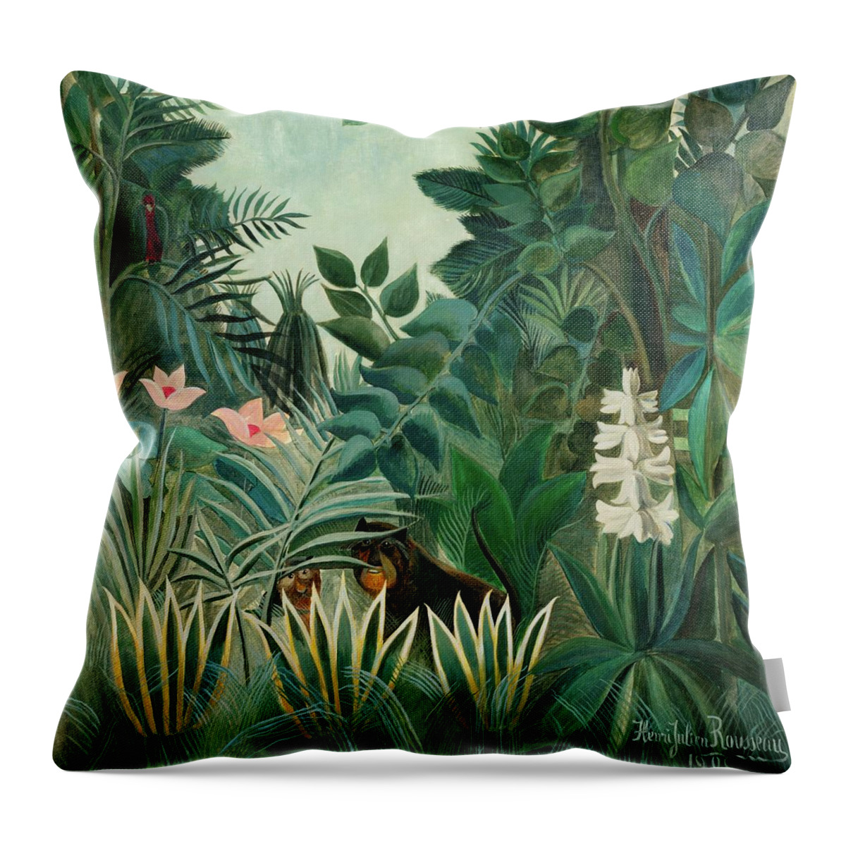 Equatorial Jungle Throw Pillow featuring the painting The Equatorial Jungle 1909 #1 by Henri Rousseau