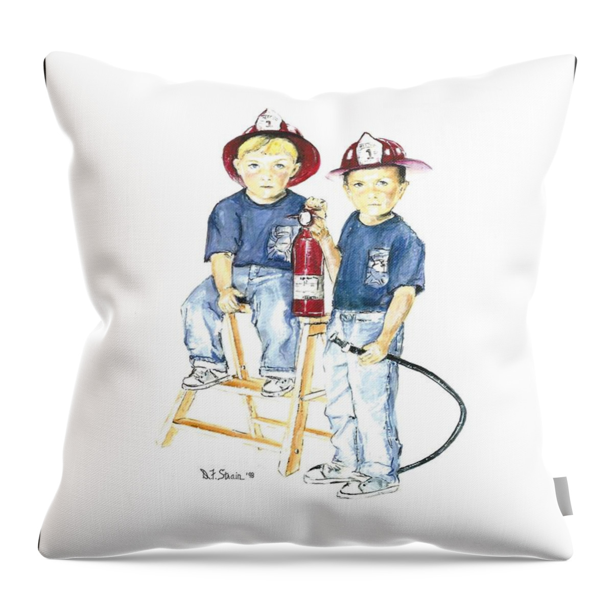 Images Throw Pillow featuring the drawing The Firefighter's Sons #1 by Diane Strain